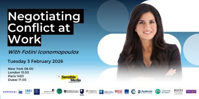 Promotional banner for the workplace conflict negotiation webinar, displaying the webinar name, date and time, and a photo of speaker Fotini Iconomopoulos