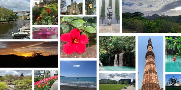A collage of vibrant landscapes and blooming flowers, featuring picturesque mountains, waterfalls, beaches and a variety of flowers including tulips in full bloom.