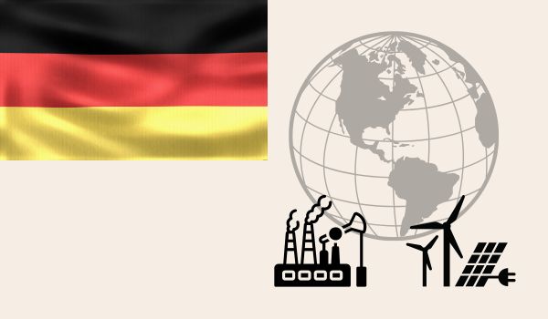 German flag in top left corner with "Just transitions - a global exploration" visual identity on the right. This shows the outline of a globe, with a coal plant and wind farm icons on top of it.
