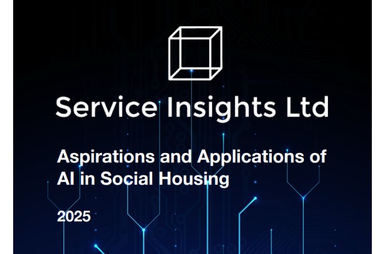 Screenshot of report cover which has a black and blue background and the text: "Service Insights Ltd. Aspirations and applications of AI in social housing. 2025"