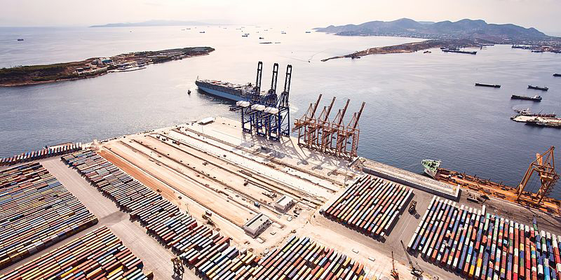 Arial shot of shipping containers on a dock