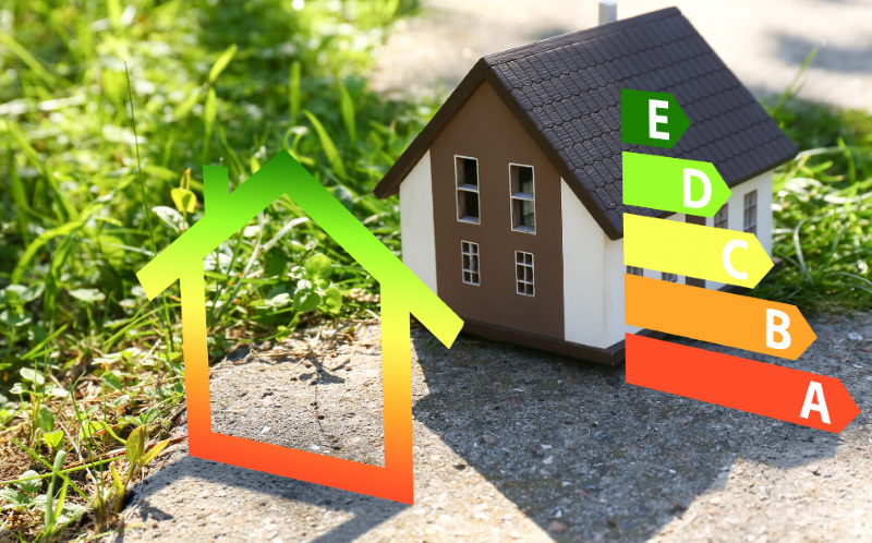 A model house with a graphic overlay of energy ratings