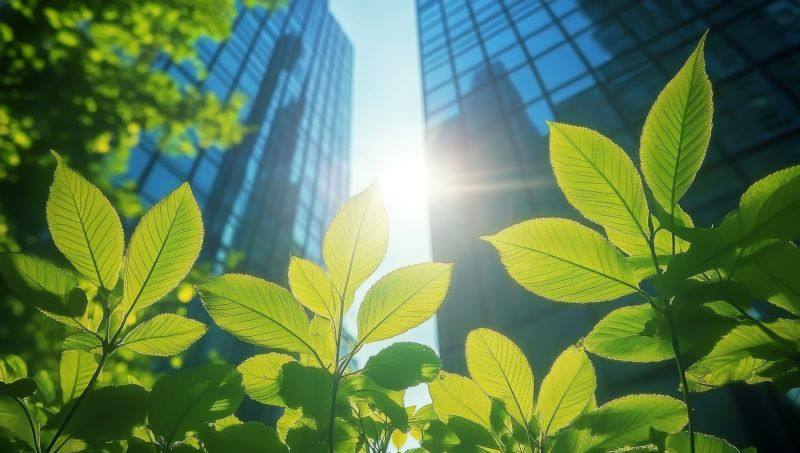 Green leaves in front of office buildings