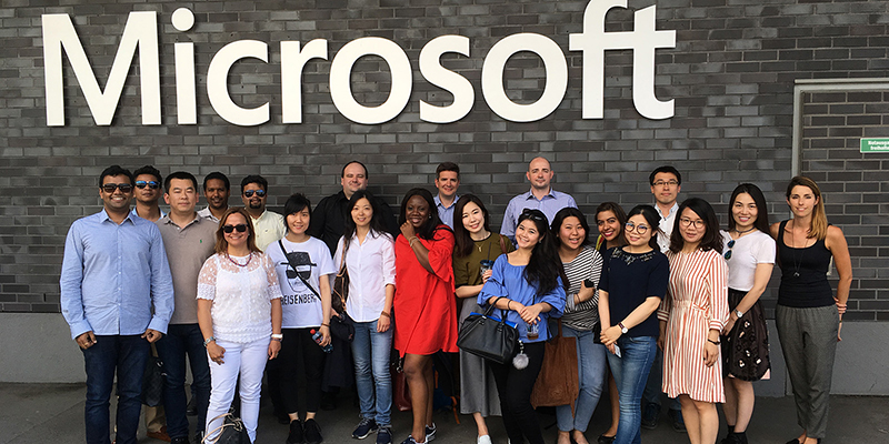 A group of MBA students outside the Microsoft office in Switzerland