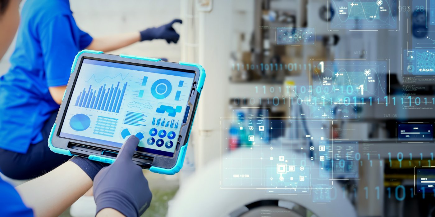 Mixed media of engineer inspecting factory machines and piping and digital technology concept