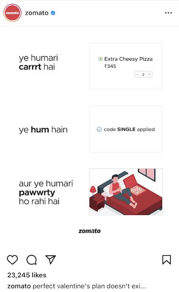 Instagram post from Zomato with images of an online order for pizza, a promoto code, and illustration of person eating pizza