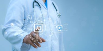 Person in a doctor's labcoat with a stethoscope around their neck, pressing a button on a clear dashboard that says AI