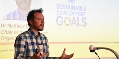 Photo of Matt Davis presenting on Sustainable Development Goals at the PRME 2019 hosted by Leeds University Business School.