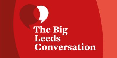 Red background with text that say: The Big Leeds Conversation