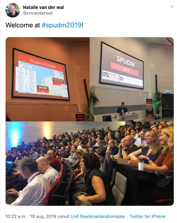 Tweet from Natalie van der Wal showing conference attendees. Tweet says "welcome at #SPUDM19"