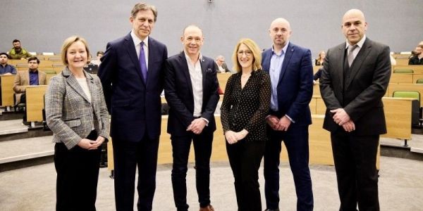 (Pictured left to right): Professor Julia Bennell, Professor Alan Taylor, Dr Martin Stow, Jane Madeley, Alex Golledge and Professor Konstantinos Bozos.