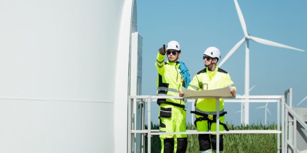 Two workers in high-visibility safety clothing on a wind turbine platform, with wind turbines in the background.