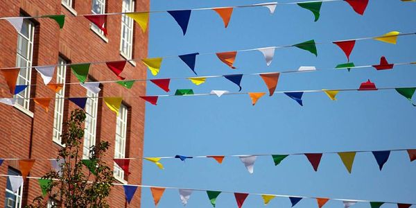 Bunting flags hung up on the university's campus