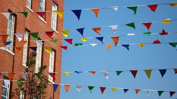 Bunting flags hung up on the university's campus