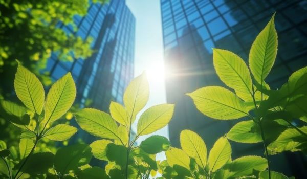 Green leaves in front of office buildings