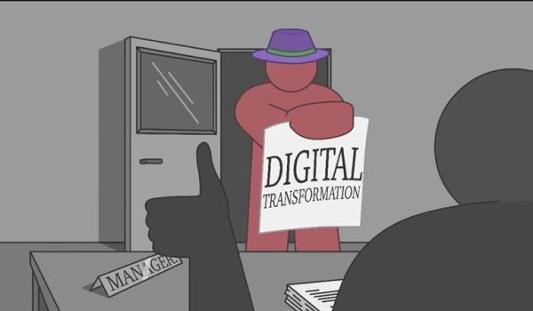 A still from an animated video. An outline of a person is holding up a sign saying 