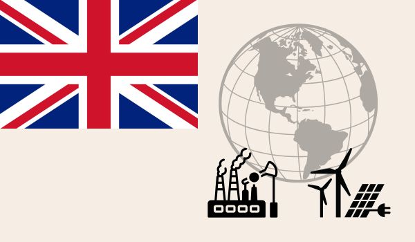 The United Kingdom flag in the top left hand corner with icons showing a power station, wind turbines and solar panels, over an icon of a globe.