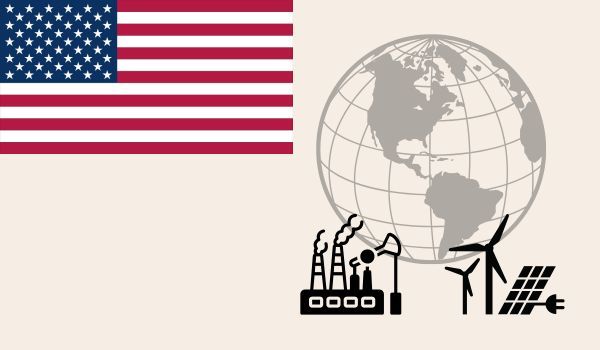 American flag in one corner, and then an icon in the opposite corner showing a coal plant one one side, wind turbines and solar panels on the other side, with a globe behind them