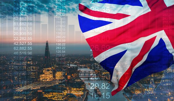 London city scape with UK flag and graph overlaid
