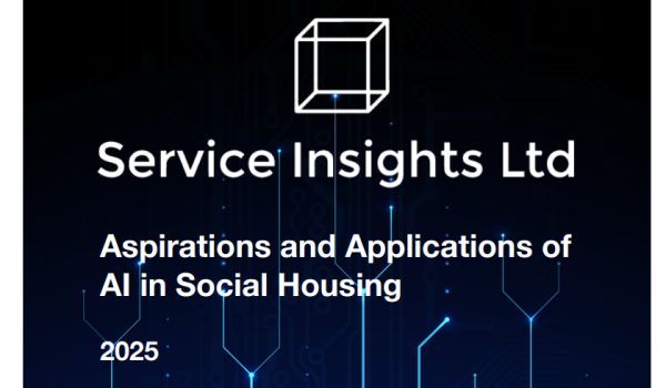 Screenshot of report cover which has a black and blue background and the text: "Service Insights Ltd. Aspirations and applications of AI in social housing. 2025"