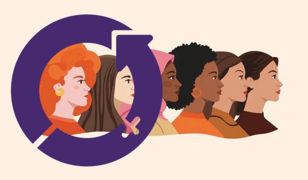 Illustration of a diverse group of women standing side‑by‑side, shown with a variety of hairstyles, clothing styles, and head coverings, with the International Women's Day logo over it