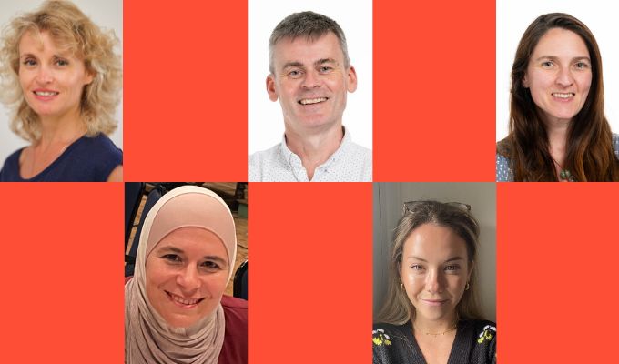 Headshots of Aida Hajro, Deema Refai, Chris Forde, Abbie Winton and Gabriella Alberti, on a coral background