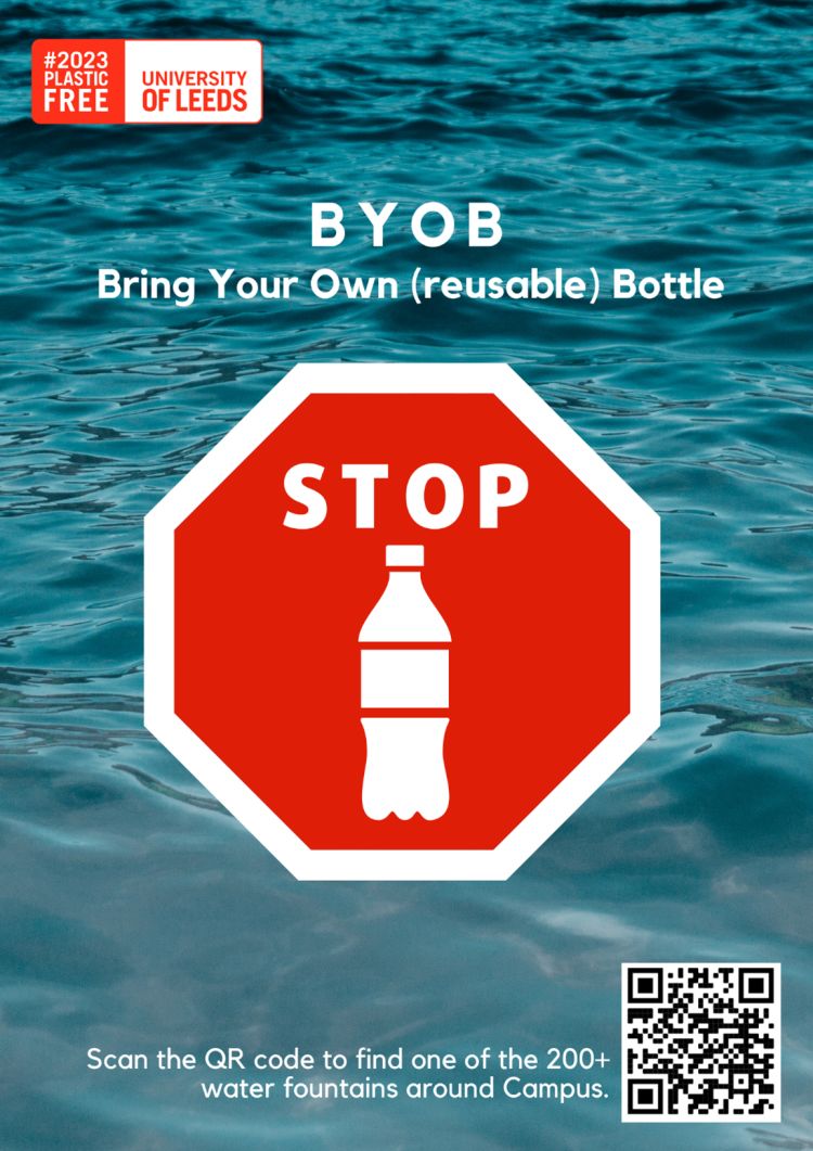 Runner up poster with water background and stop sign. Wording "BYOB"