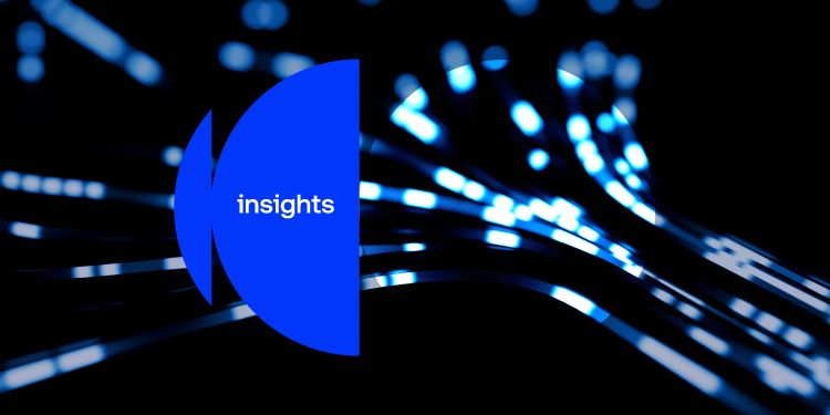 Abstract digital image of flowing blue data-like streaks curving across a black background. There is a blue ‘insights’ graphic overlay.