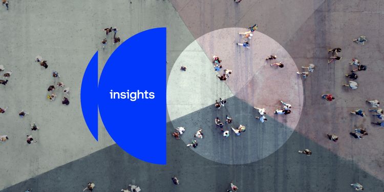 Aerial view of people moving across an open plaza with intersecting geometric shapes. There is a blue ‘insights’ graphic overlay.