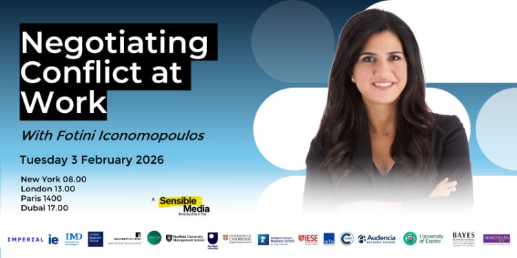 Promotional banner for the workplace conflict negotiation webinar, displaying the webinar name, date and time, and a photo of speaker Fotini Iconomopoulos