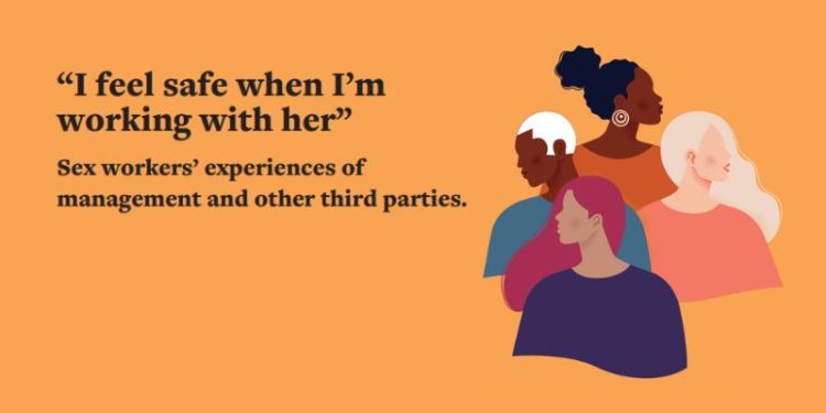 Text saying "“I feel safe when I’m
working with her”
Sex workers’ experiences of
management and other third parties." and an illustration of an outline of four people.