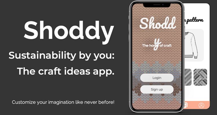 Picture of an app on phone with text reading 'Shoddy Sustainability by you: The craft ideas app.'