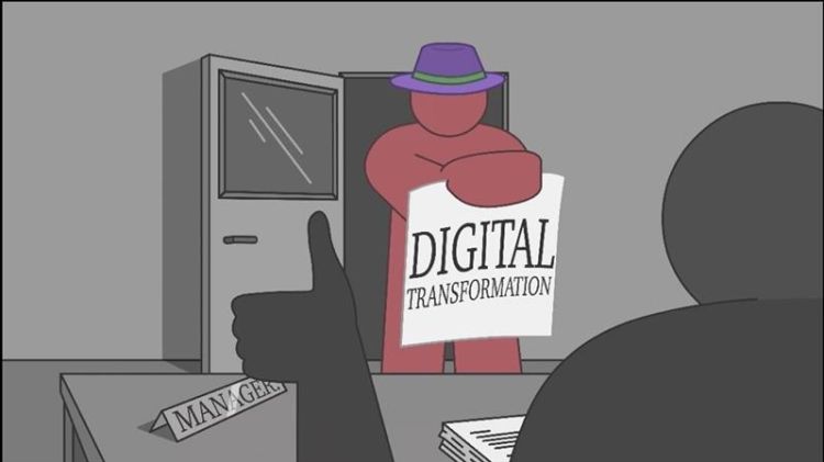 A still from an animated video. An outline of a person is holding up a sign saying "digital transformation" in front of an outline of a person sat at a desk with their thumb up.