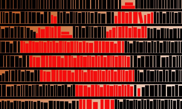 Red and black bookshelf with books arranged to form the outline of China