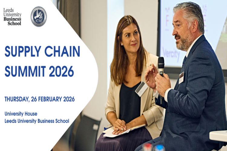 The image shows Leeds University Business School's Dr Helen Hughes interviewing Jeff Brazier, Operations Director at Modus Services, during a previous Ideas in Practice event.