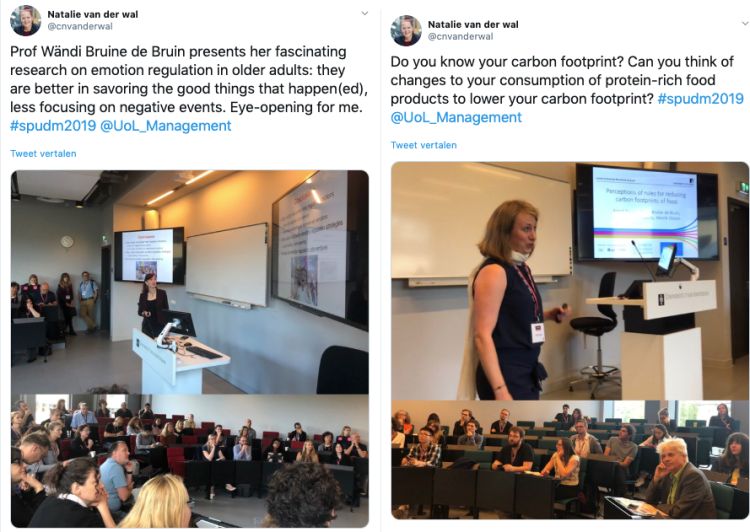 Two tweets from Natalie van der Wal - one showing Wandi Bruine de Bruin presenting, and the other showing Astrid Kause presenting