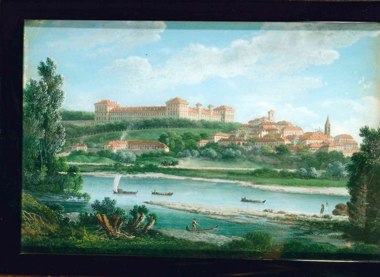 Painting, probably made by Luigi Baldassarre Reviglio, of  the Moncalieri Castle and its village from the Po river.