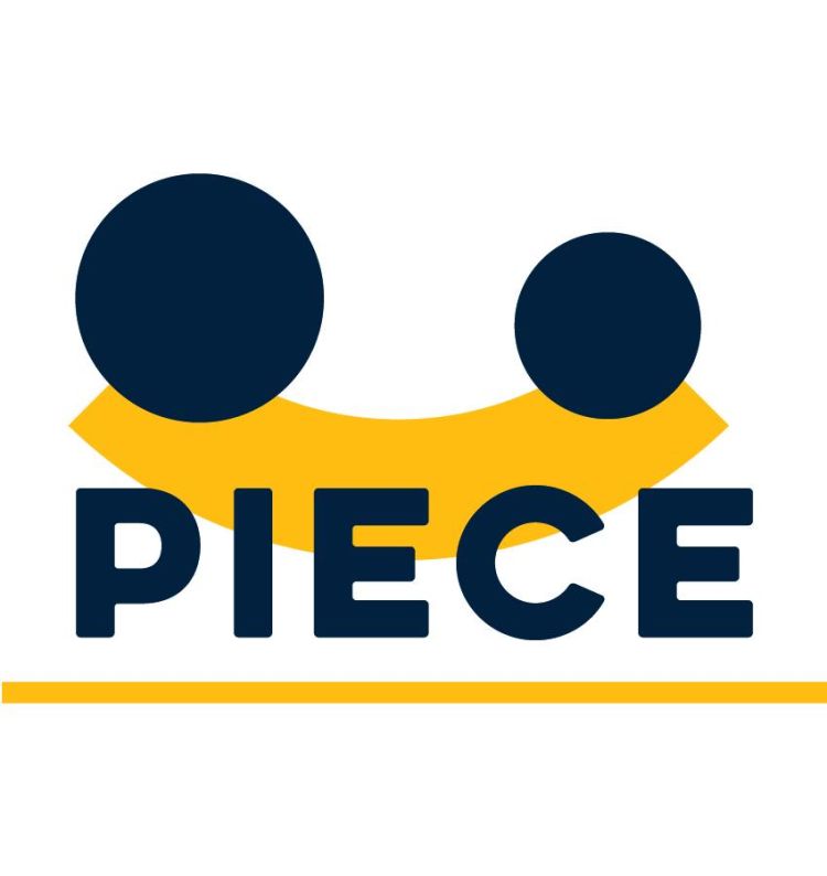 The PIECE logo is shown, with the wording in bold and a yellow seesaw shape in the background with one larger and one smaller circle sitting at opposite ends, as though representing father and son.