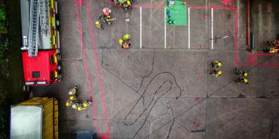 Birds eye view of fire service training activity