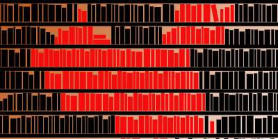 Red and black bookshelf with books arranged to form the outline of China
