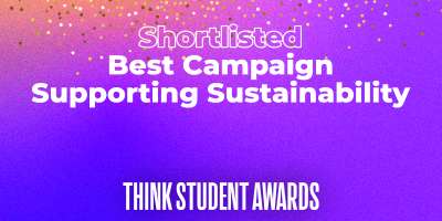 Purple background with text saying: shortlisted. Best campaign supporting sustainability