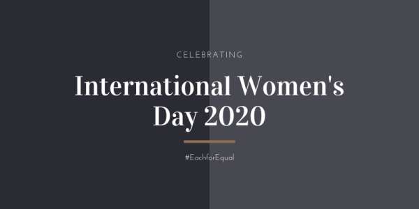 A two colour, monochromatic design, saying Celebrating International Women’s Day 2020, with the hastag ##EachforEqual
