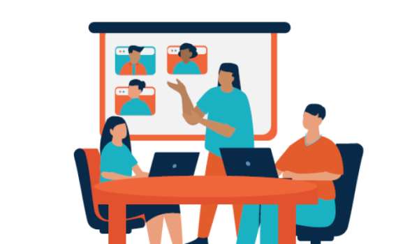 Illustration of hybrid meeting with people in an office and some on screen